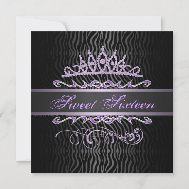 Lila Sweet 16 Tiara Zebratryck Födelsedagsinbjudan Inbjudningar (Framsida)