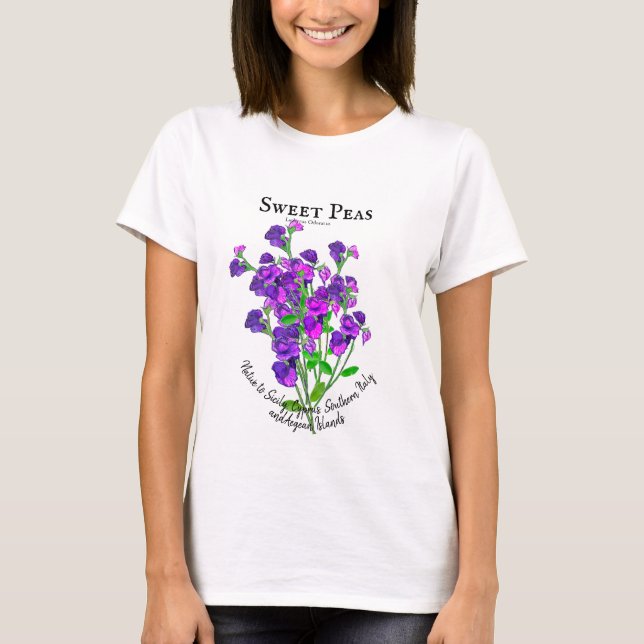 Lila Sweet Peas Bunch by Artist with Text T Shirt (Framsida)