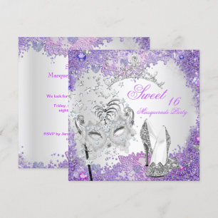 Lila Sweet Sixteen 16 Maskeradfest Tiara Inbjudningar
