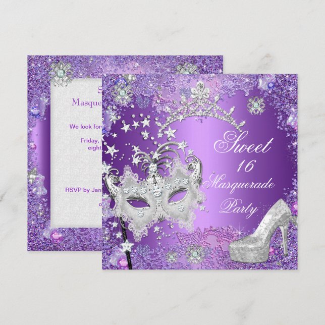 Lila Sweet sixteen 16 Masquerad Party Tiara Inbjudningar (Fram/baksida)