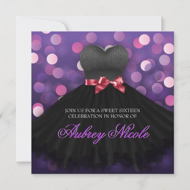 Lila Sweet sixteen Black Dress Birthday Inbjudan (Framsida)