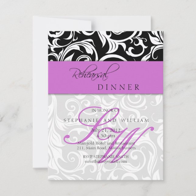 Lila Swirl Monogram Rehearsal Dinner Card Inbjudningar (Framsida)