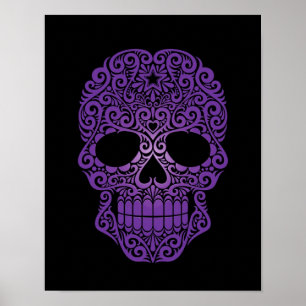Lila Swirling Sugar Skull på svart Poster