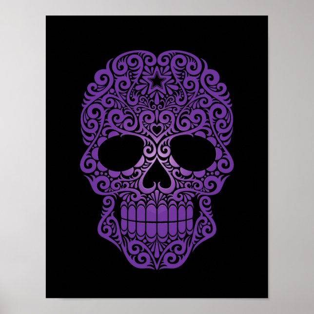 Lila Swirling Sugar Skull på svart Poster (Framsidan)