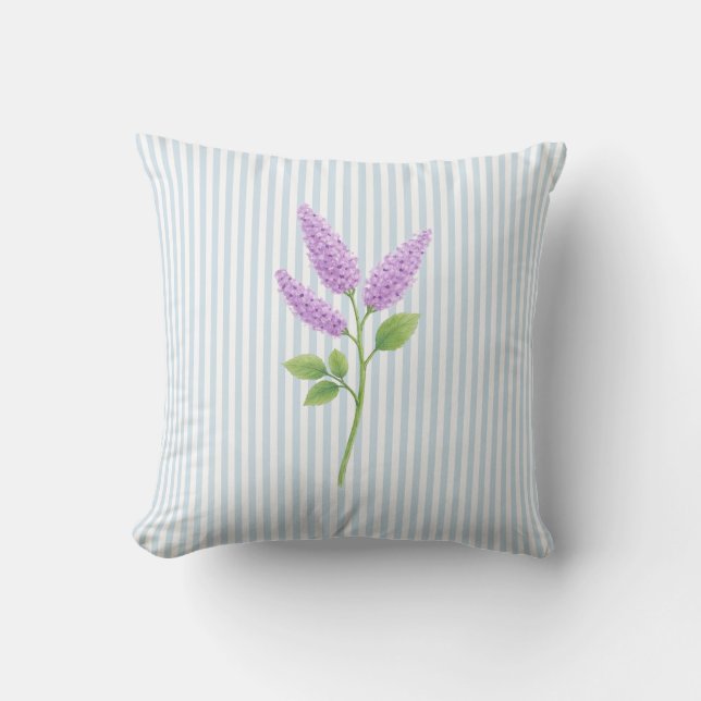 Lila Syren Blomma Målning Blå Rand Kudde (Framsida)