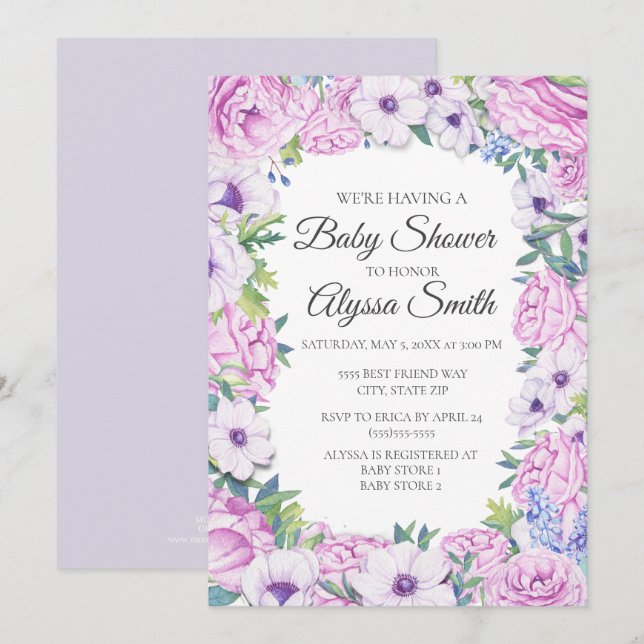 Lila Syren Blommig Baby Shower Inbjudan (Fram/baksida)