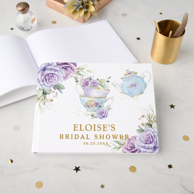 Lila Syrén Blommig Högtids Teaparti Bröllopsfest  Gästböcker (Framsida Öppen)