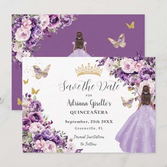 Lila Syrén Blommig Quinceanera Spara Datum Datumet (Fram/baksida)