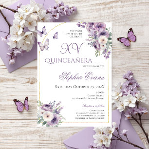 Lila Syren Blommiga Fjärilar Quinceañera Inbjudningar
