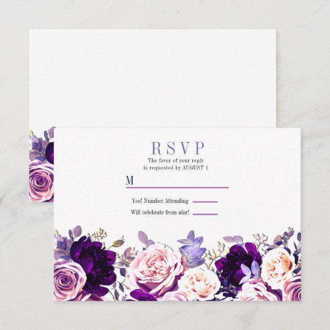 Lila Syren och Rosa Ros Blommig Vit Bröllops RSVP Inbjudningar (Fram/baksida)