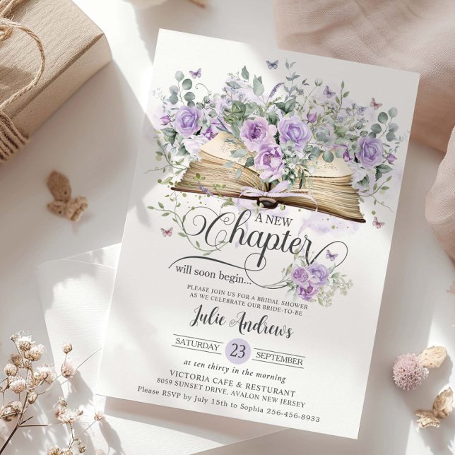 Lila Syrenblomster Bok Ny Kapitel Bröllopsfest Inbjudningar (purple-lilac-floral-butterflies-vintage-book-a-new-chapter-will-soon-begin-bridal-shower-invitation)