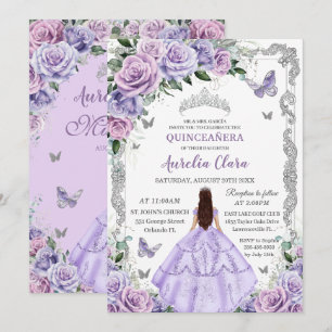 Lila Syrenrosor Fjärilsprinsessa Quinceanera Inbjudningar