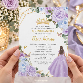 Lila Syrlilja Støvblå Blommig Quinceañera XV Inbjudningar
