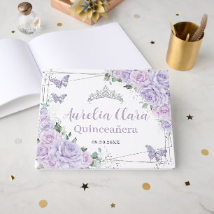 Lila Syrros Rosor Blommiga Fjärilar Quinceanera Gästböcker