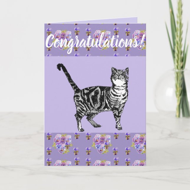 Lila Tabby katt Blommigt Conrgating Art Card Kort (Framsida)