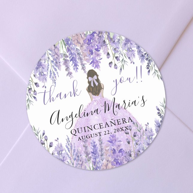 Lila Tack Blommigt Quinceanera Runt Klistermärke (Purple Thank You Floral Quinceanera Classic Round Sticker)