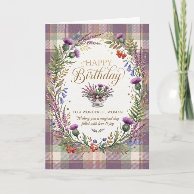 Lila Tartan Tistel Födelsedag Kort (Framsida)