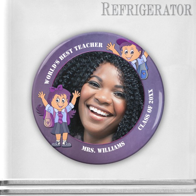Lila Teacher Tack Anpassningsbar Photo Magnet (Cute photo frame magnet featuring a photo of your favorite teacher framed by a modern purple design )