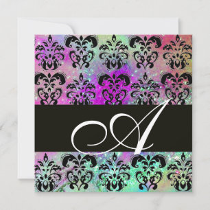 LILA TEAL AQUA BLÅ SVART DAMASK MONOGRAM INBJUDNINGAR