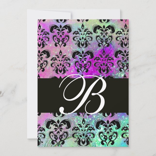 LILA TEAL AQUA BLÅ SVART DAMASK MONOGRAM INBJUDNINGAR (Framsida)