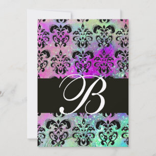 LILA TEAL AQUA BLÅ SVART DAMASK MONOGRAM INBJUDNINGAR