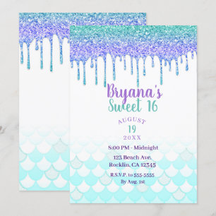 Lila & Teal Aqua Glitter Drip Siren Sweet 16 Inbjudningar