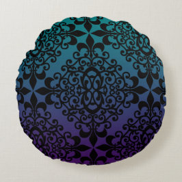 Lila Teal Black Damask Pattern Rund Kudde