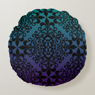 Lila Teal Black Damask Pattern Rund Kudde