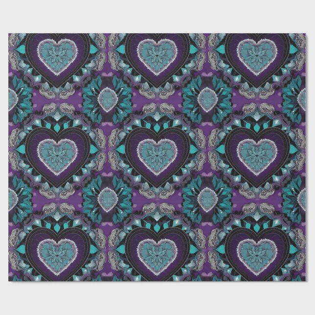 Lila, Teal & Black Valentine Day Heart Mandala Presentpapper (Platt)