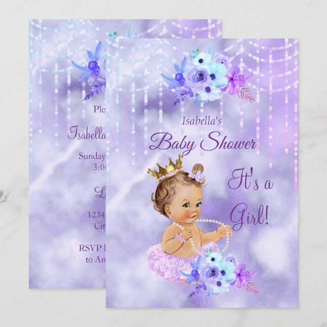 Lila Teal blommigt Girl Baby Shower Brunette Inbjudningar (Fram/baksida)