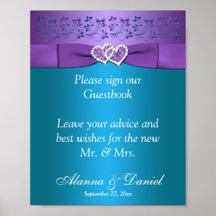 Lila, Teal Blommigt Hearts Bröllop Sign 2 Poster