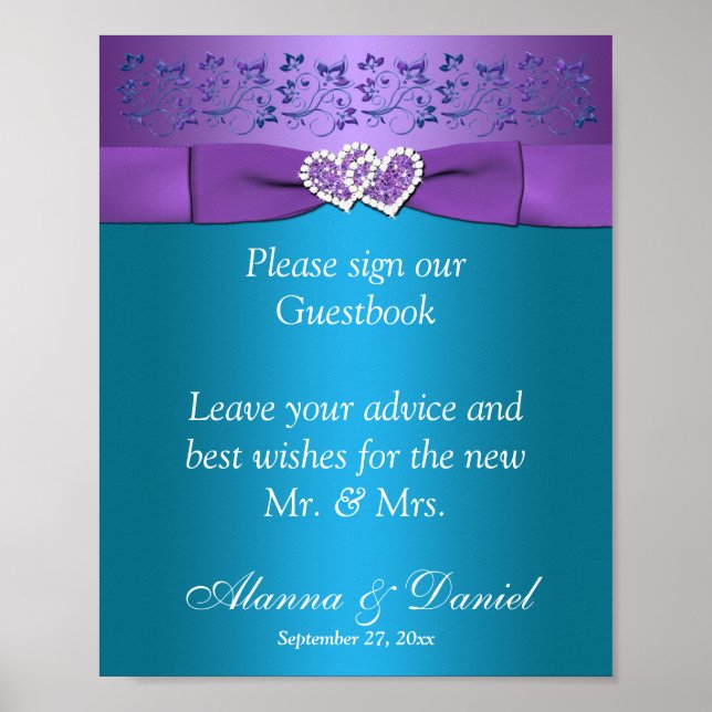 Lila, Teal Blommigt Hearts Bröllop Sign 2 Poster (Framsidan)