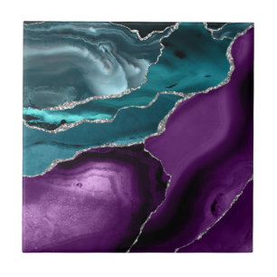 Lila Teal Blue Agate Silver Glitter Kakelplatta