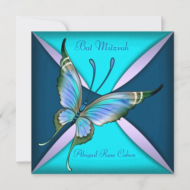 Lila Teal Blue Butterfly Bat mitzvah Inbjudningar (Framsida)
