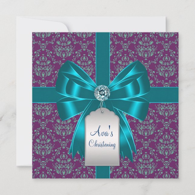 Lila Teal Blue Damask Baby Baptism Christening Inbjudningar (Framsida)