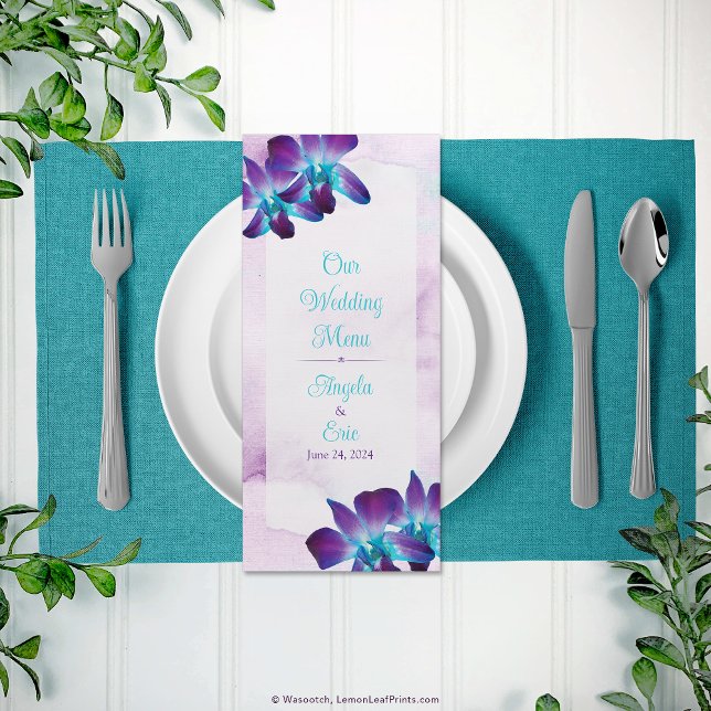 Lila Teal Blue Dendrobium Orchid Bröllop Menu Reklamkort (Purple Teal Blue Dendrobium Orchid Wedding Menu)