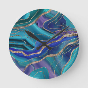 Lila Teal Blue Galaxy Nebula Agate Glitter #1 Rund Klocka