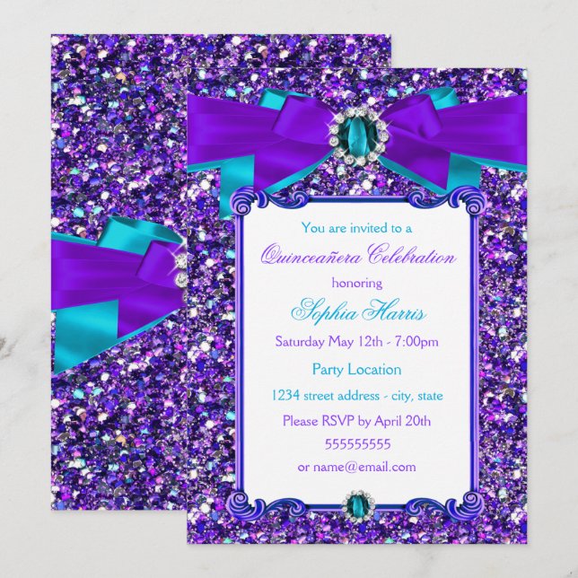 Lila Teal Blue Glitter Jewel Bow Quinceanera Inbjudningar (Fram/baksida)