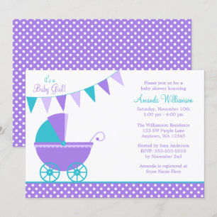 Lila Teal Bunting Carriage Girl Baby Shower Inbjudningar