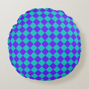 Lila Teal Checker Diamond Mönster Rund Kudde