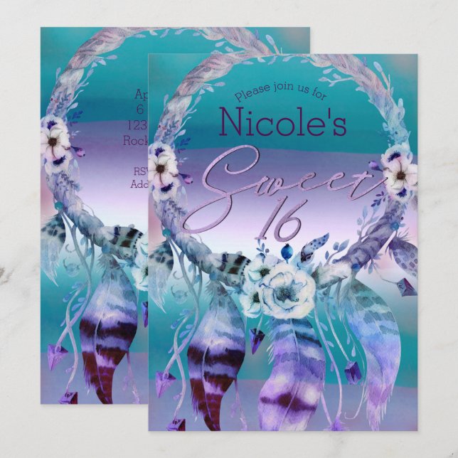 Lila & Teal Dream Catcher Boho Sweet 16 Party Inbjudningar (Fram/baksida)