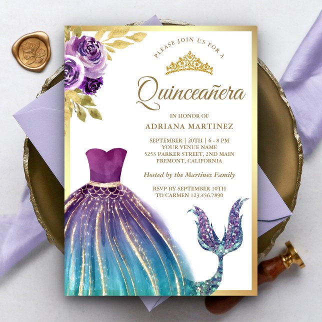 Lila Teal Dress Sjöjungfru Svan Guld Quinceanera Inbjudningar (Skapare uppladdad)
