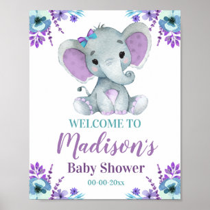 Lila Teal Elephant Welcome Sign, Girl Shower Poster