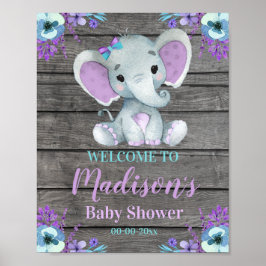 Lila Teal Elephant Welcome Sign, Girl Shower Poster