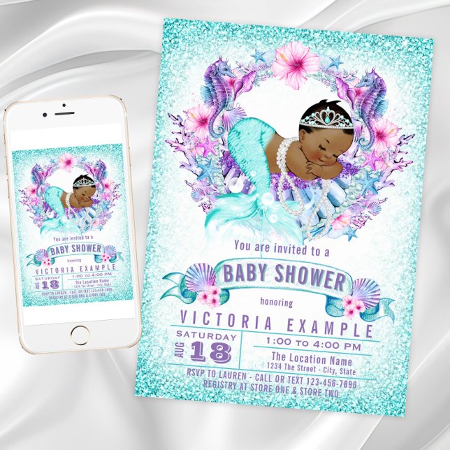 Lila Teal Ethnic Sjöjungfru Baby Shower-inbjudan Inbjudningar (African American mermaid baby shower invitation. Instant download and printed invitations available.)