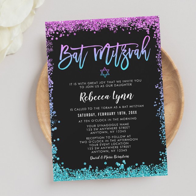 Lila Teal Falskt Glitter Bat Mitzvah Inbjudningar (Skapare uppladdad)