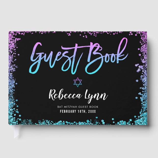 Lila Teal Faux Glitter Bat mitzvah Gästböcker (Framsida)