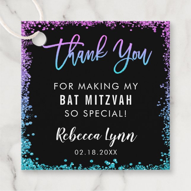 Lila Teal Faux Glitter Bat mitzvah Gåvor Etiketter (Framsida)