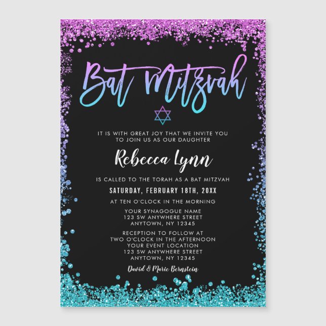Lila Teal Faux Glitter Bat mitzvah Magnetisk Inbjudningskort (Framsida)