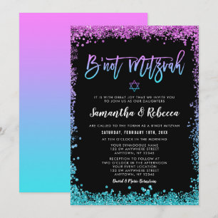 Lila Teal Faux Glitter B'not Mitzvah Inbjudningar